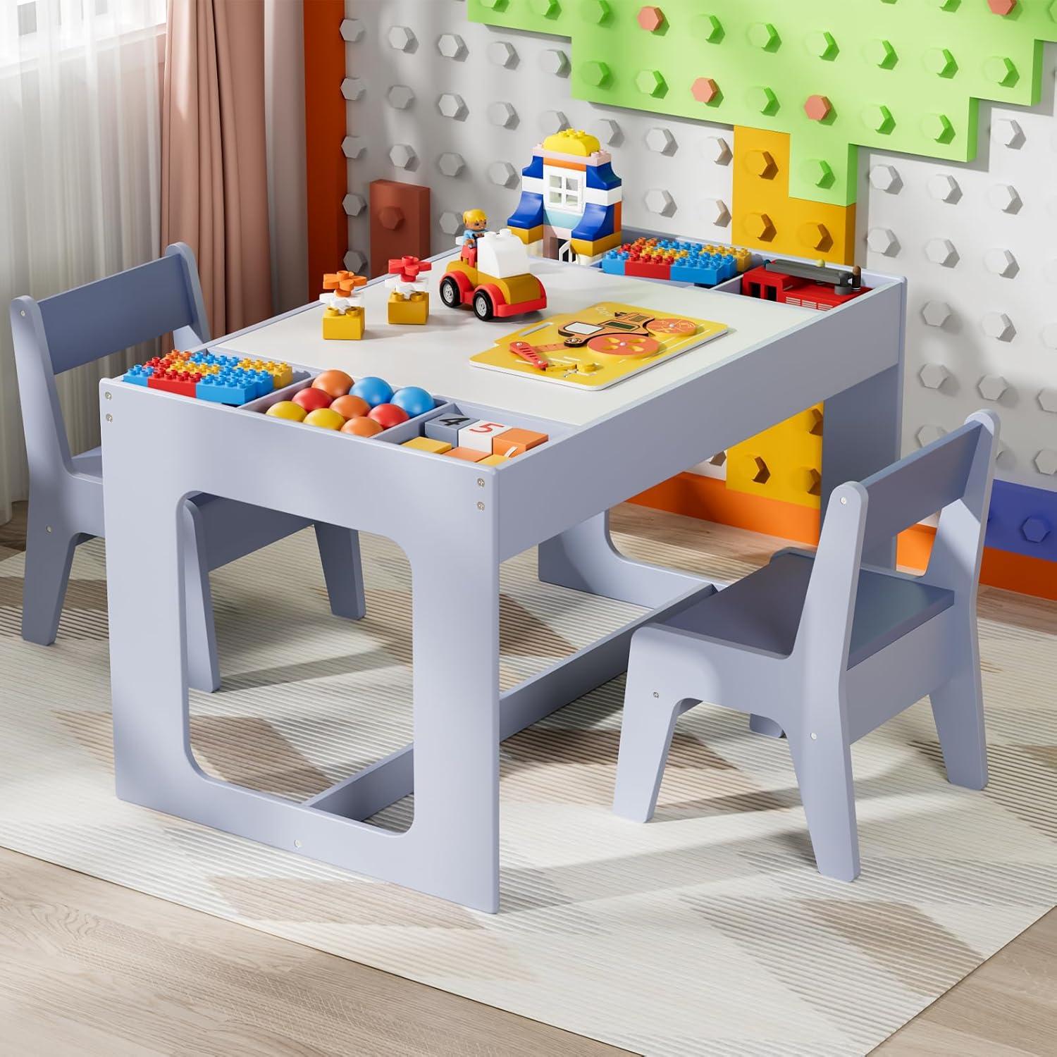 Kindersitzgruppe mit Stauraum, Kindertisch 2 Stühle Wendbare Tischplatte Blau