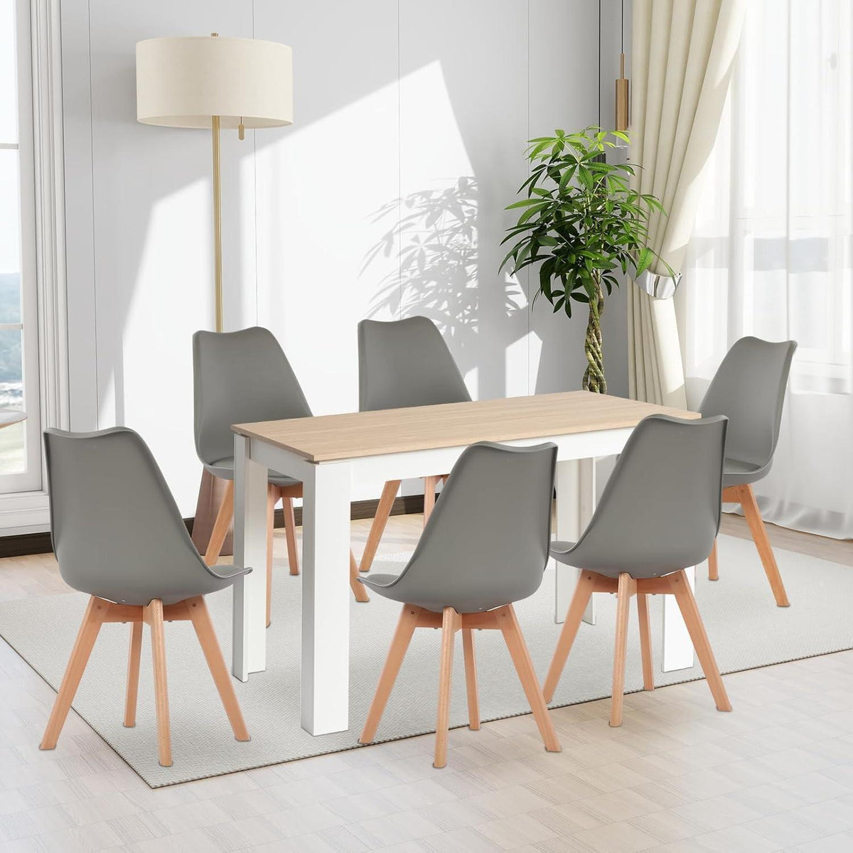 Essgruppe Eiche-Weiß mit 6 Grau Stühlen – Esszimmer Set 120cm