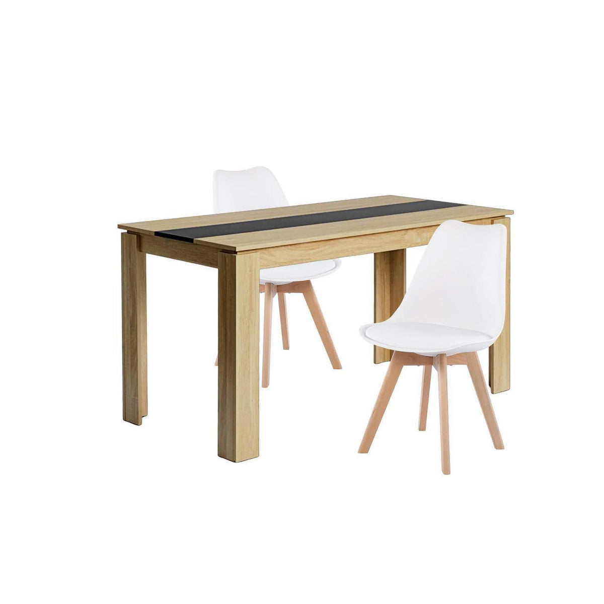 Essgruppe 140cm Eiche-Schwarz Tisch mit 2 Weiß Stühlen