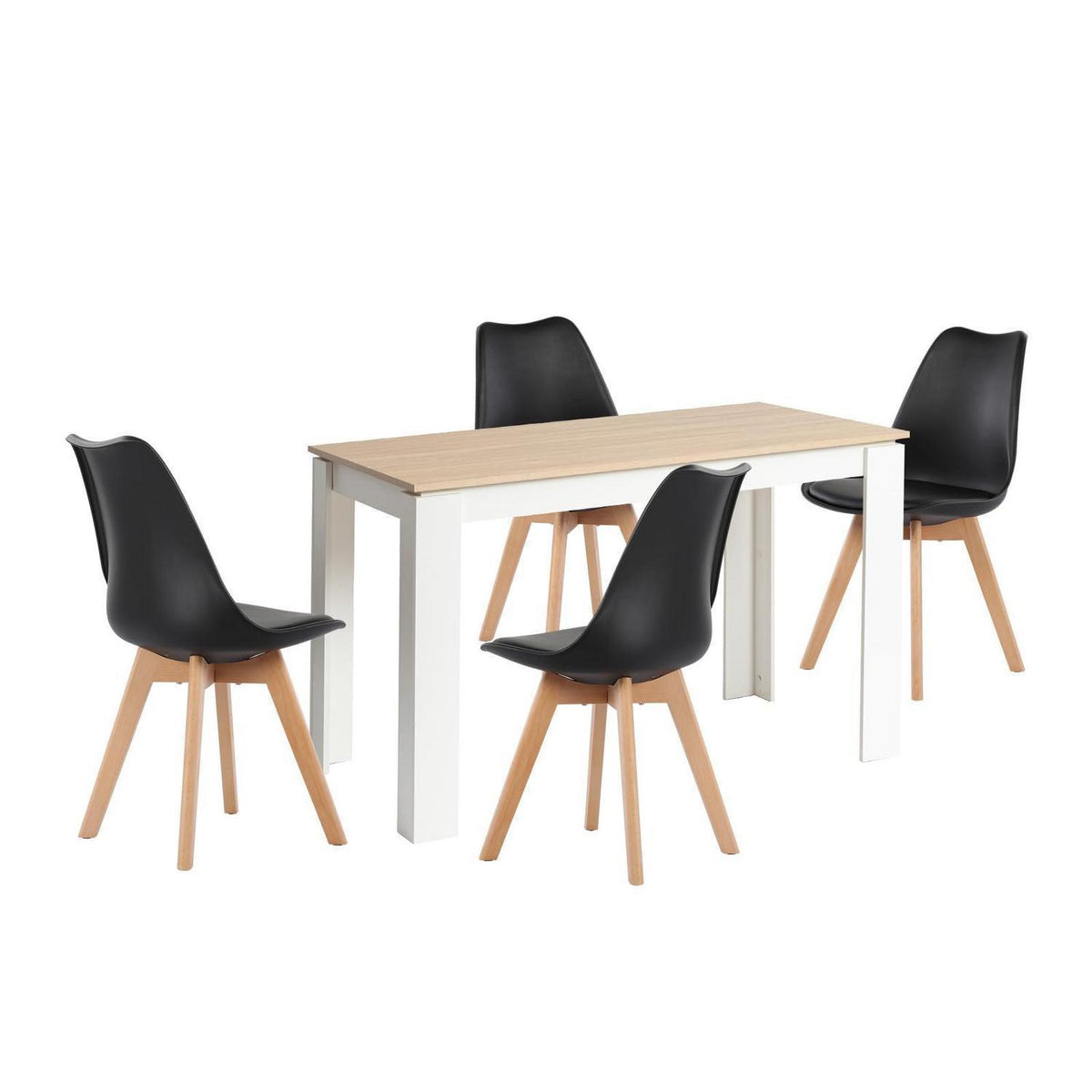 Essgruppe 120cm Eiche-Weiß mit 4 Schwarz Stühlen