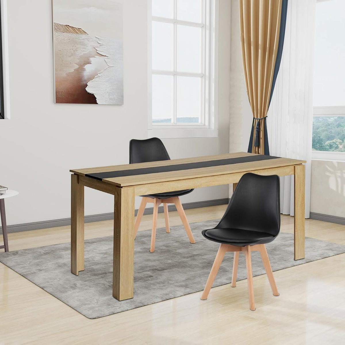 Essgruppe 160cm Eiche-Schwarz mit 2 Esszimmerstühlen