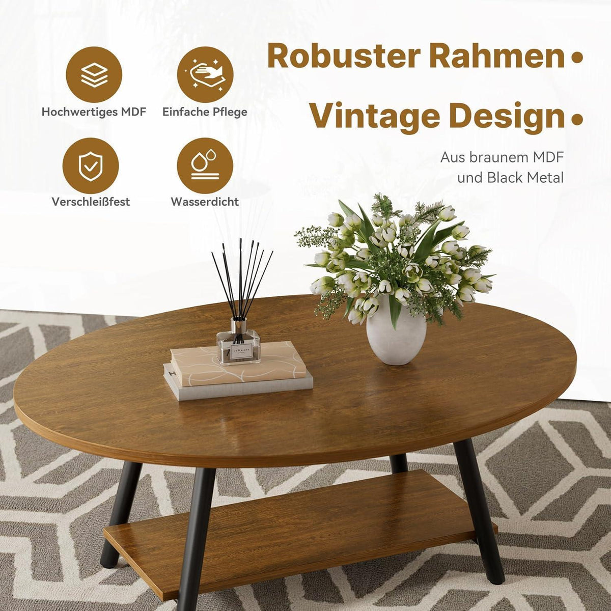 Runder Beistelltisch mit Stauraum, Massivholz & Metall, Vintage Braun