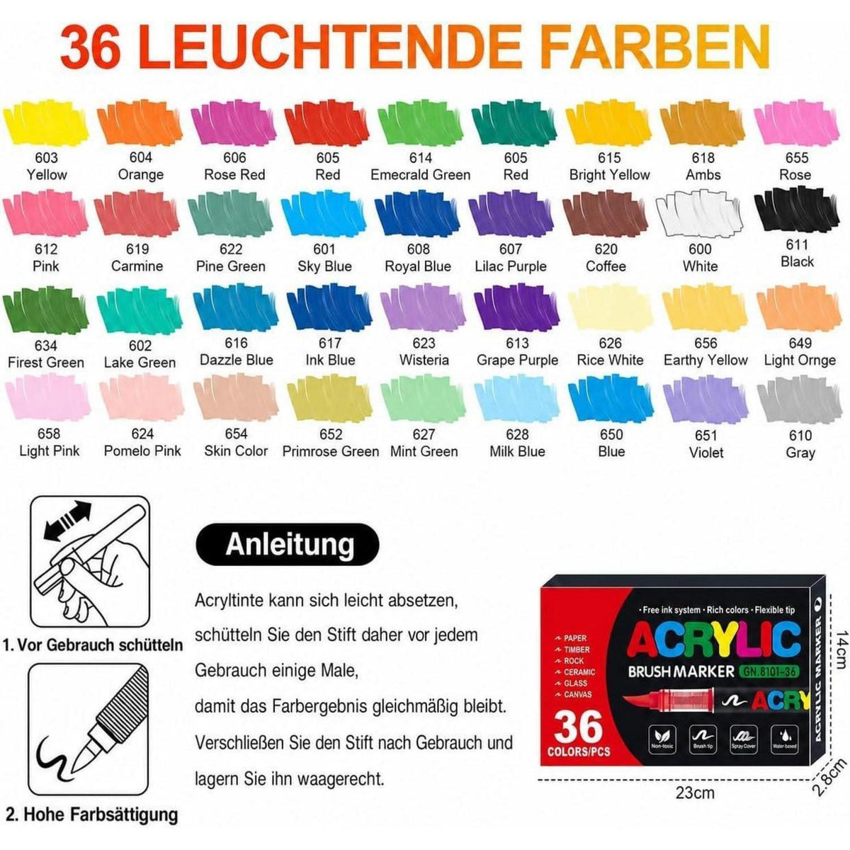 Acrylstifte Set 36 Farben – Wasserfest & Brush Tip