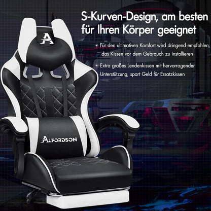 Gaming-Stuhl mit Fußstütze, Lendenkissen, 150° Neigung, 180