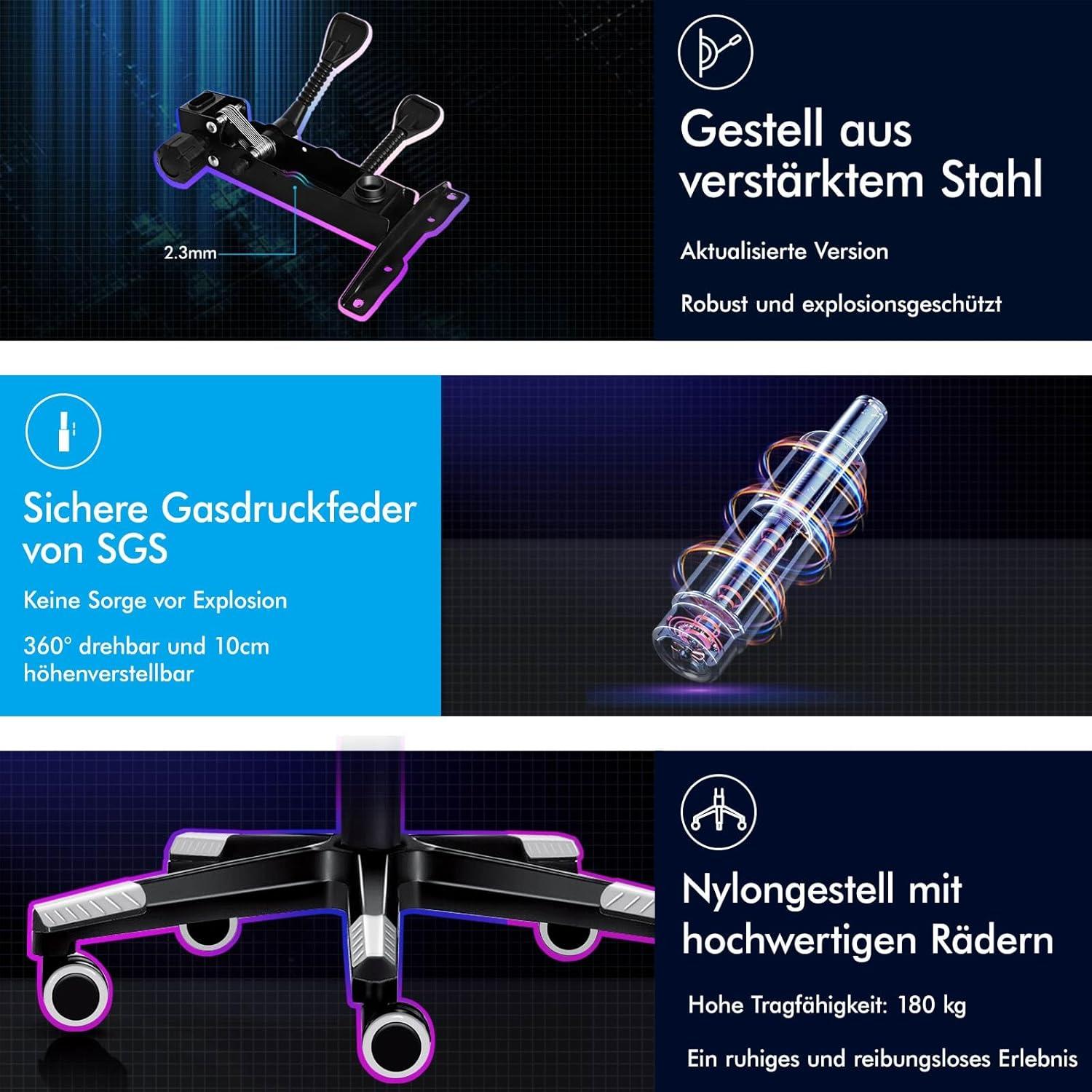 Gaming-Stuhl mit Fußstütze, Lendenkissen, 150° Neigung, 180