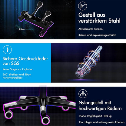 Gaming-Stuhl mit Fußstütze, Lendenkissen, 150° Neigung, 180