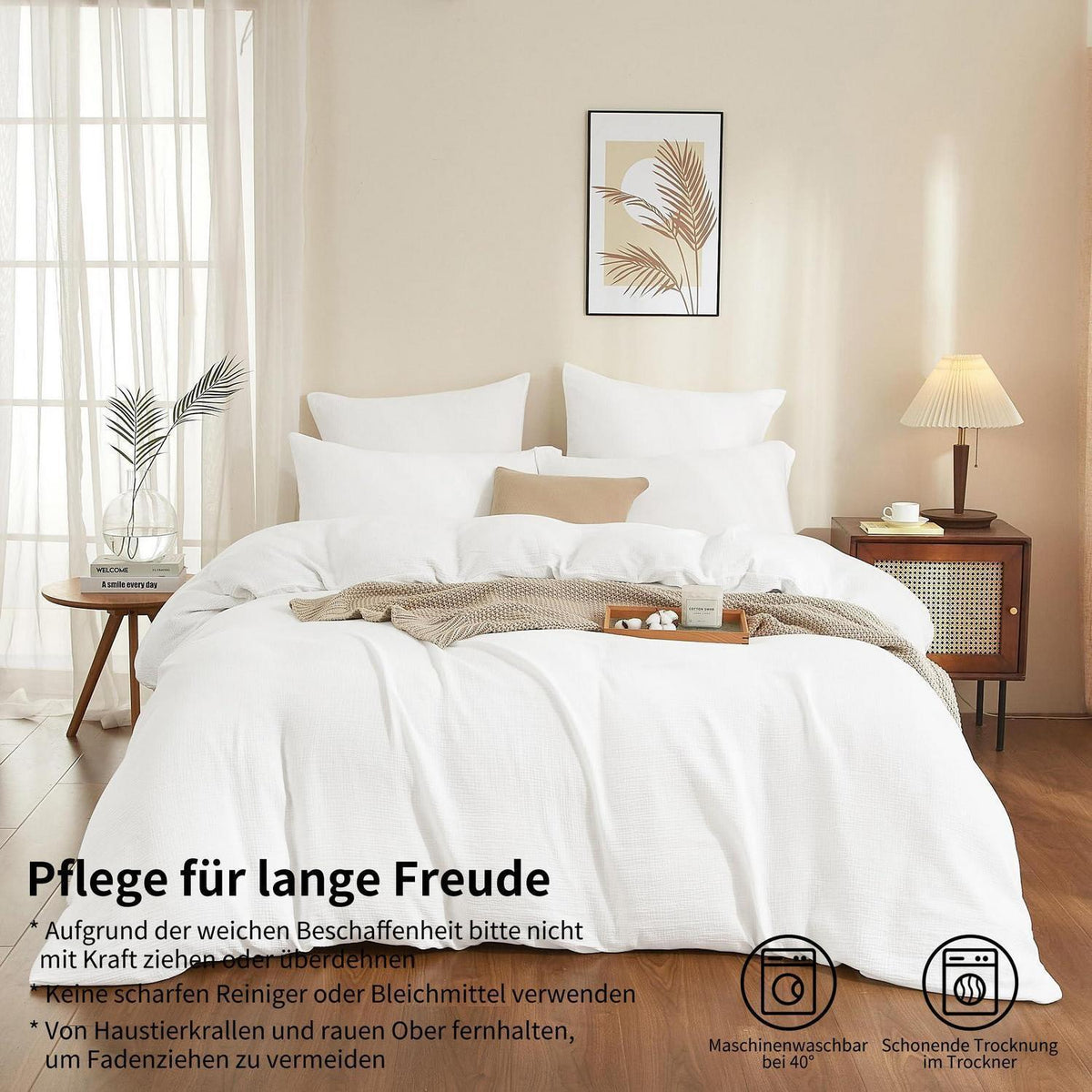 Doppelte Muslin Bettwäsche 200x220 Weiß – Weich & Atmungsaktiv