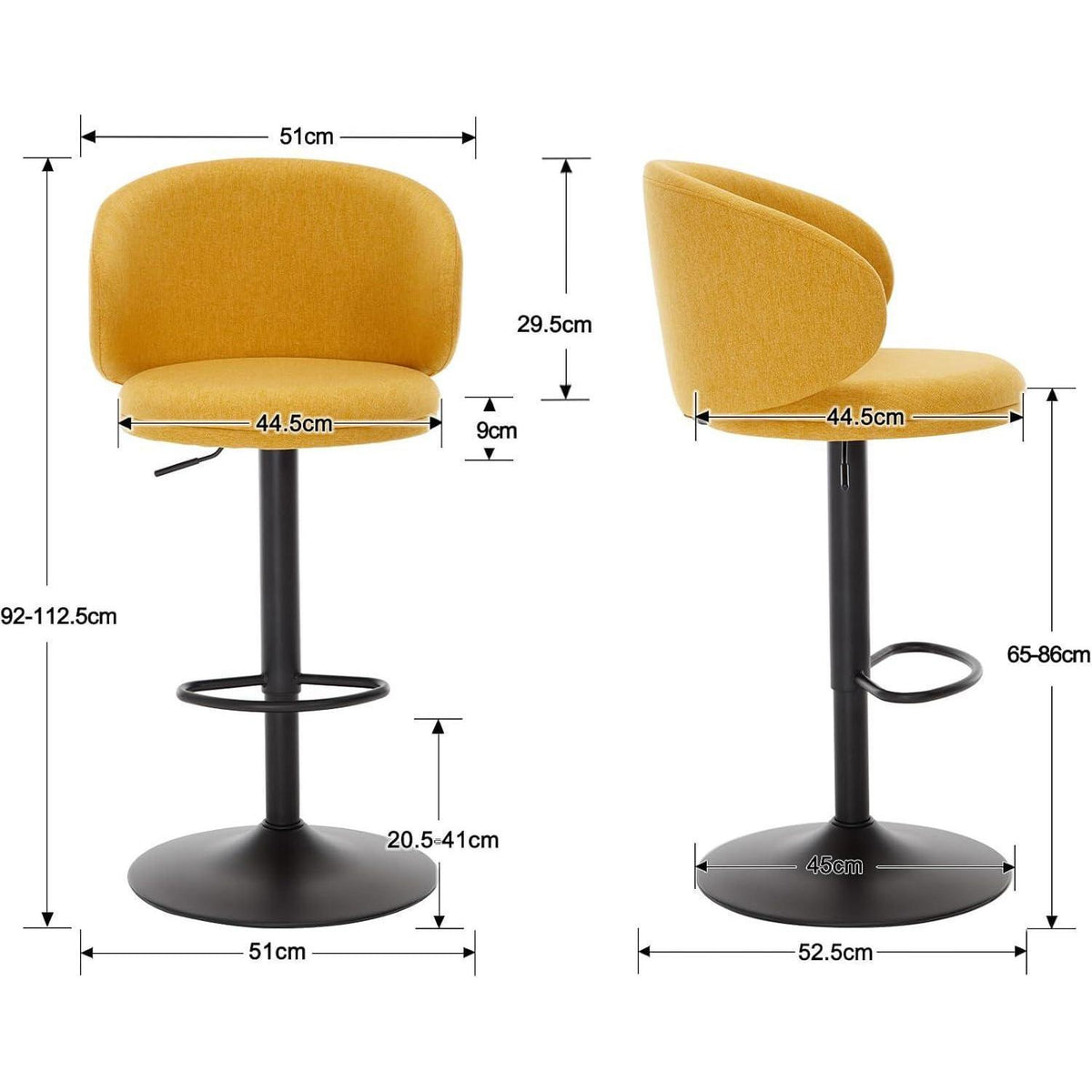 Barhocker Set 2er – Höhenverstellbar, Gelb, Leinenstoff