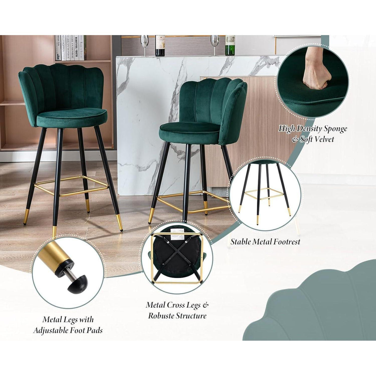 Ya-Home Samt Barhocker 2er Set – Grün, Retro Design
