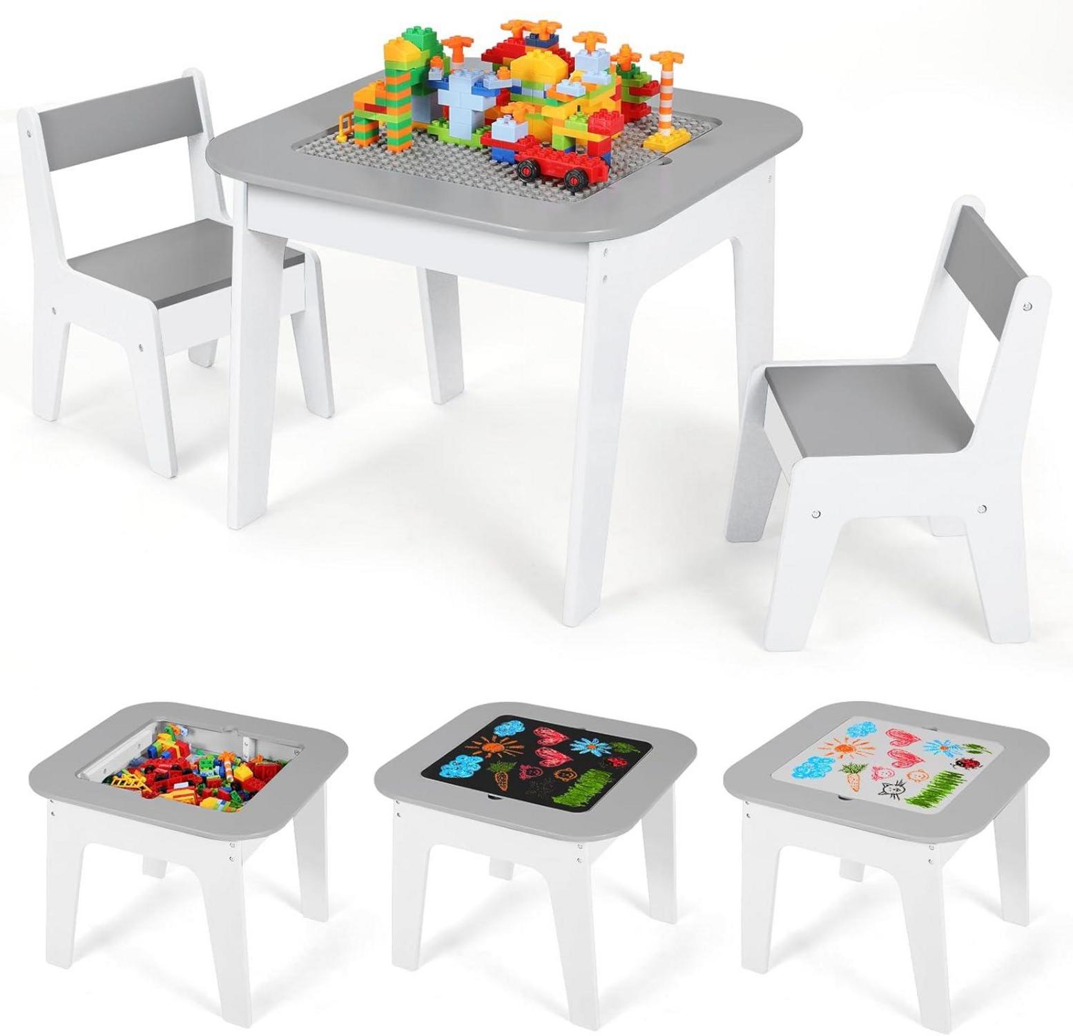 Kindertisch mit Stühlen, Maltisch, Bauklötzchen, Stauraum, Grau