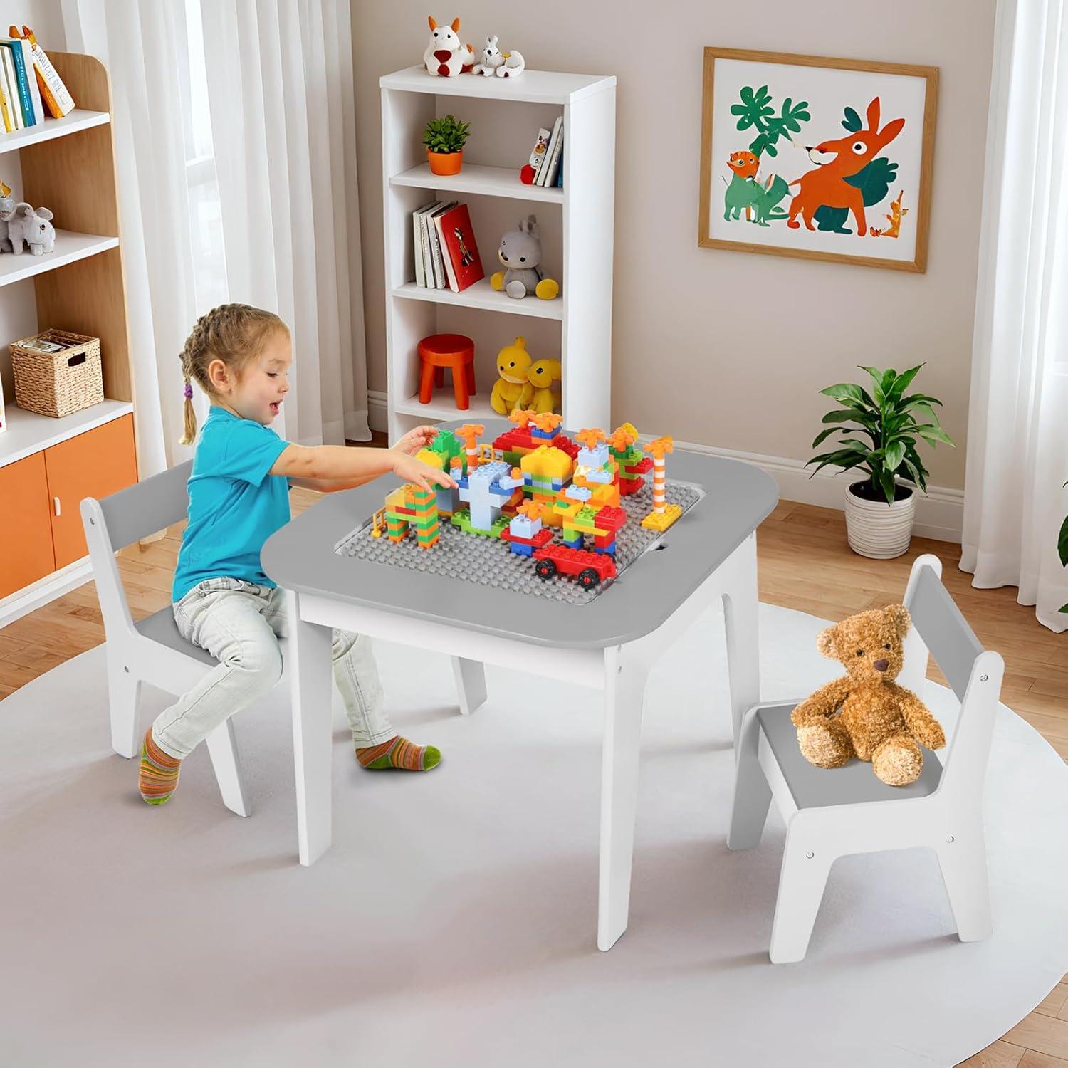 Kindertisch mit Stühlen, Maltisch, Bauklötzchen, Stauraum, Grau