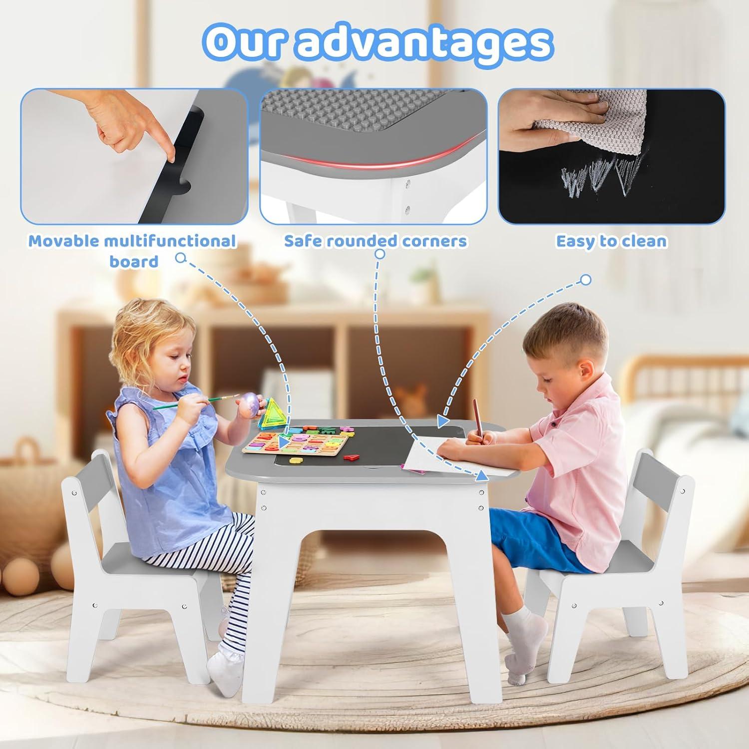 Kindermöbel Set mit Stühlen, Stauraum & Maltisch, Grau