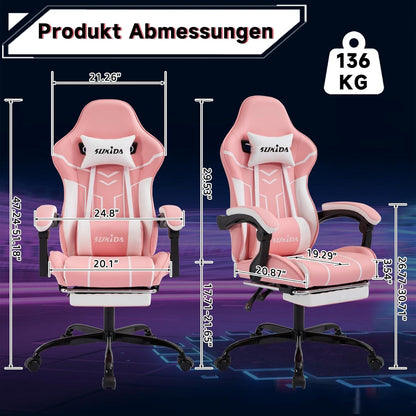 Gaming Stuhl mit Fußstütze Pinkwhite Ergonomischer Bürostuhl