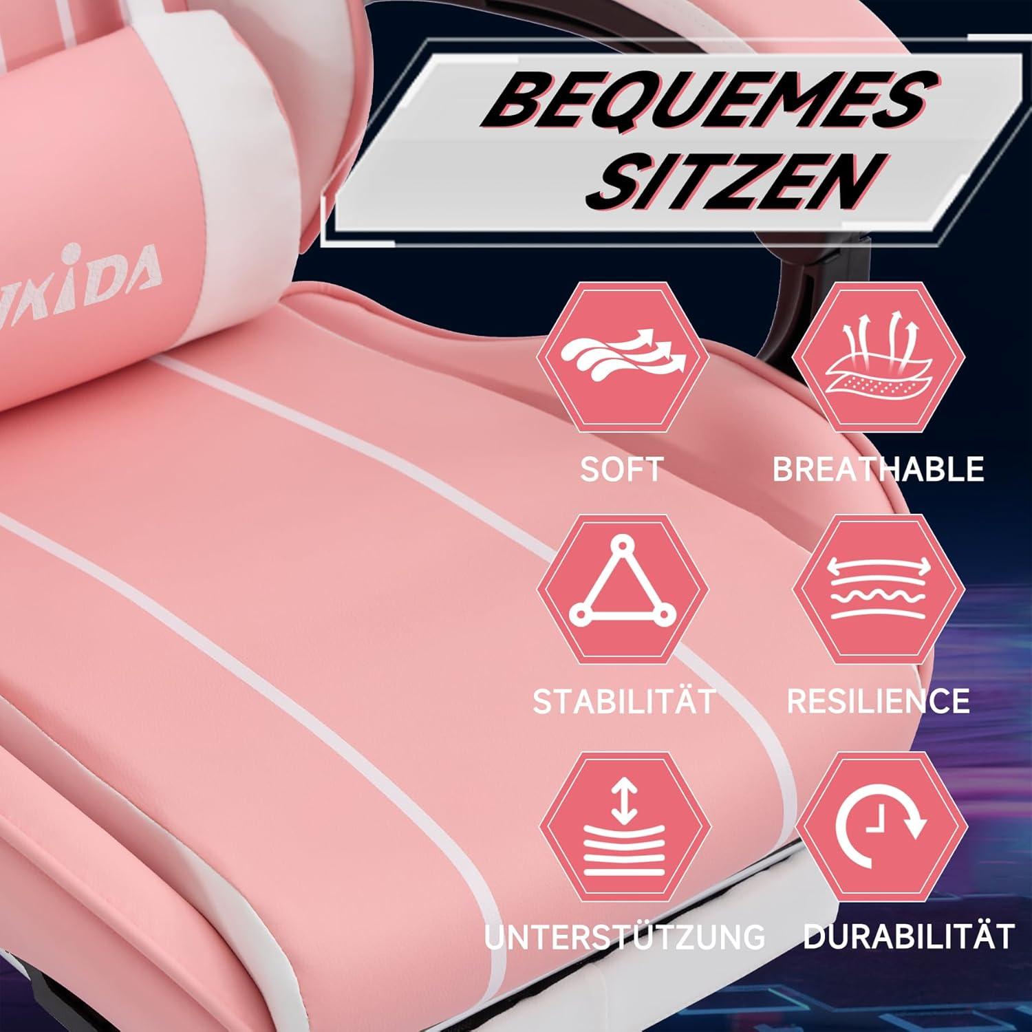 Ergonomischer Gaming Stuhl mit Fußstütze Lendenwirbelstütze Pinkwhite
