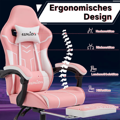 Ergonomischer Gaming Stuhl mit Fußstütze Lendenwirbelstütze