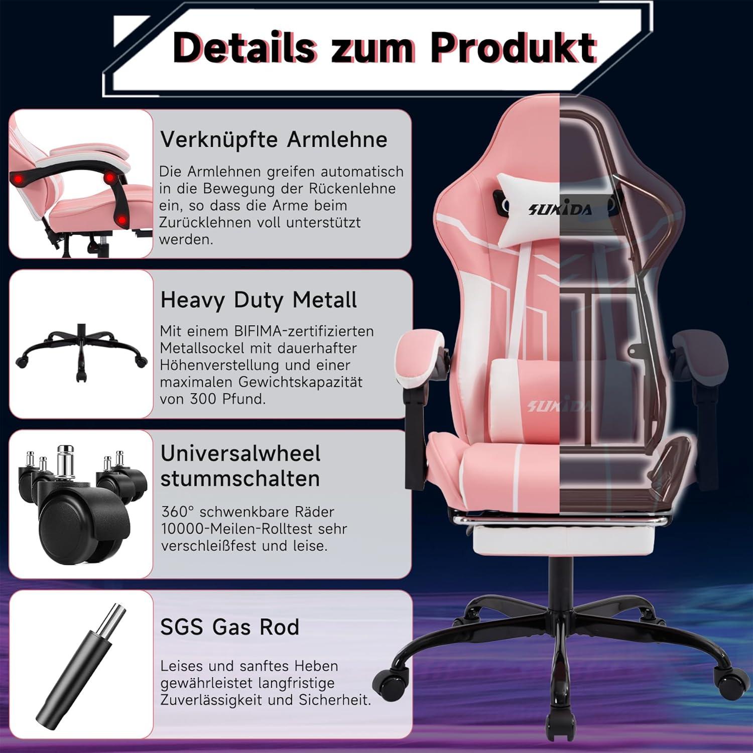 Ergonomischer Gaming Stuhl mit Fußstütze Lendenwirbelstütze