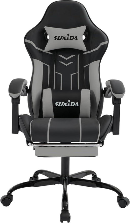 Ergonomischer Gaming Stuhl mit Fußstütze und Lendenwirbelstütze