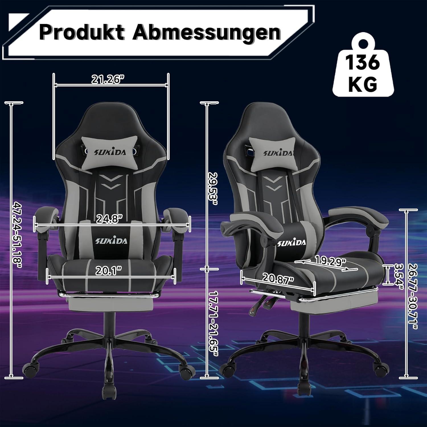 Ergonomischer Gaming Stuhl mit Fußstütze und Lendenwirbelstütze