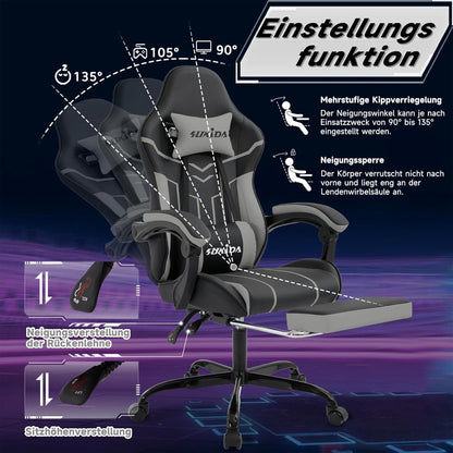 Ergonomischer Gaming Stuhl mit Fußstütze und Lendenwirbelstütze BlackGrey