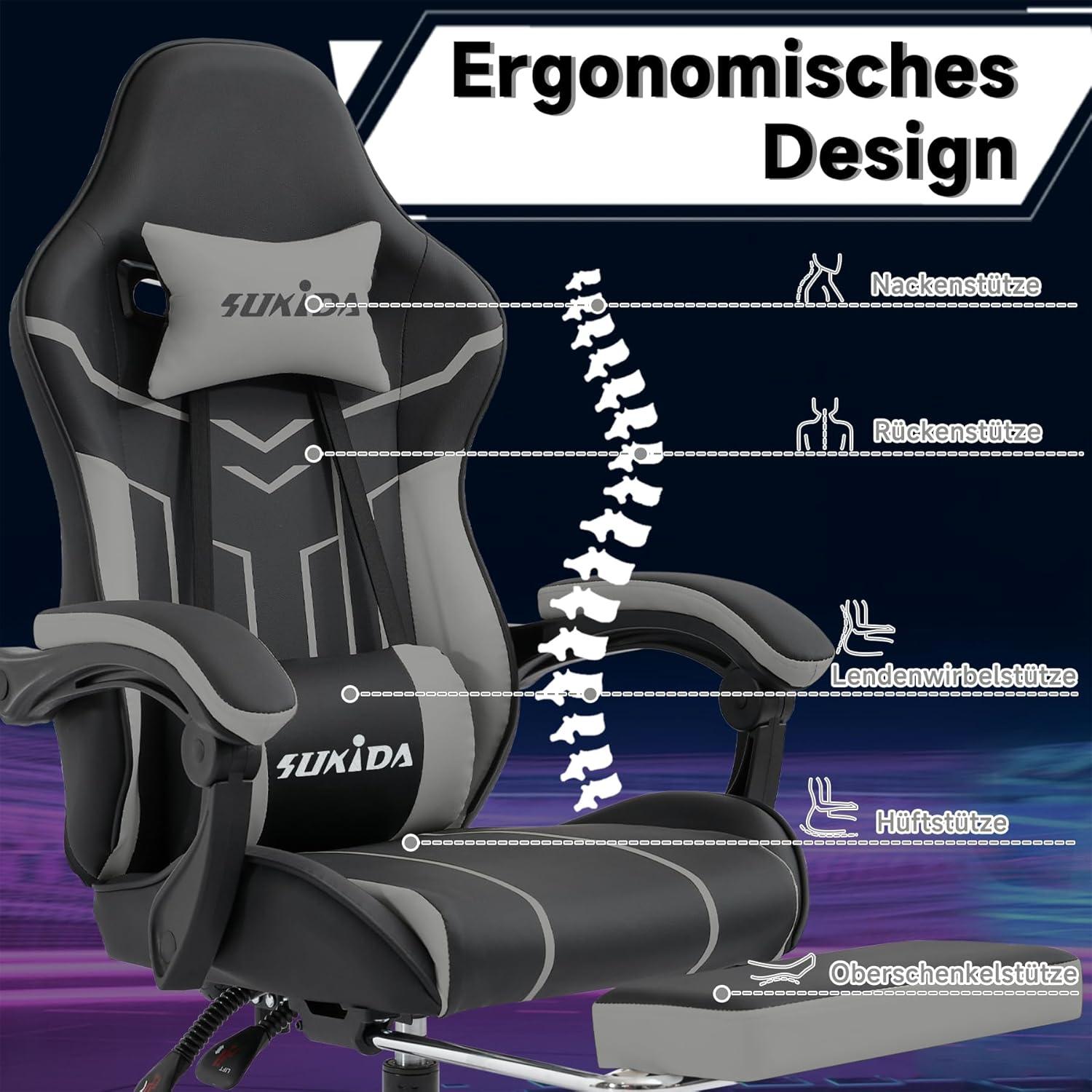 Ergonomischer Gaming Stuhl mit Fußstütze Lendenwirbelstütze