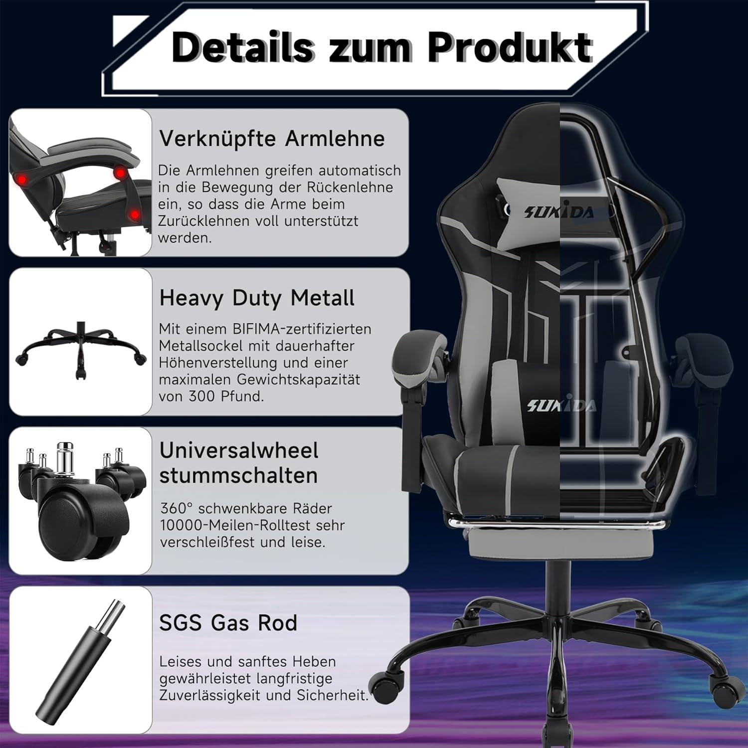 Ergonomischer Gaming Stuhl mit Fußstütze und Lendenwirbelstütze BlackGrey