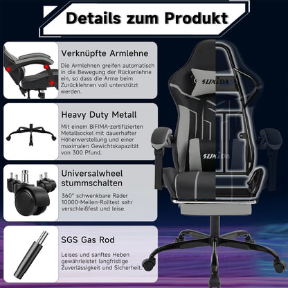 Ergonomischer Gaming Stuhl mit Fußstütze und Lendenwirbelstütze BlackGrey