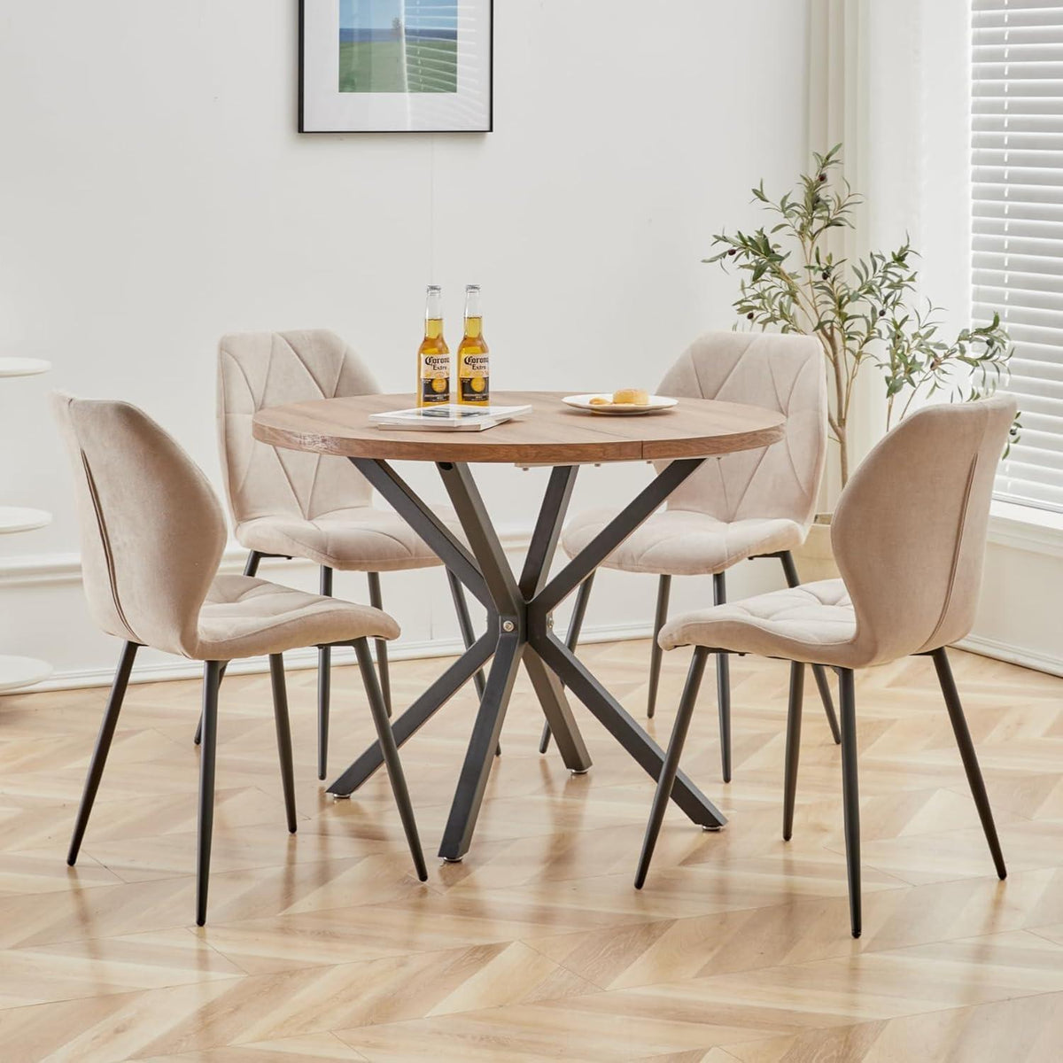 4er-Set Esszimmerstühle Leinenstoff, Beige, Gepolstert & Komfortabel