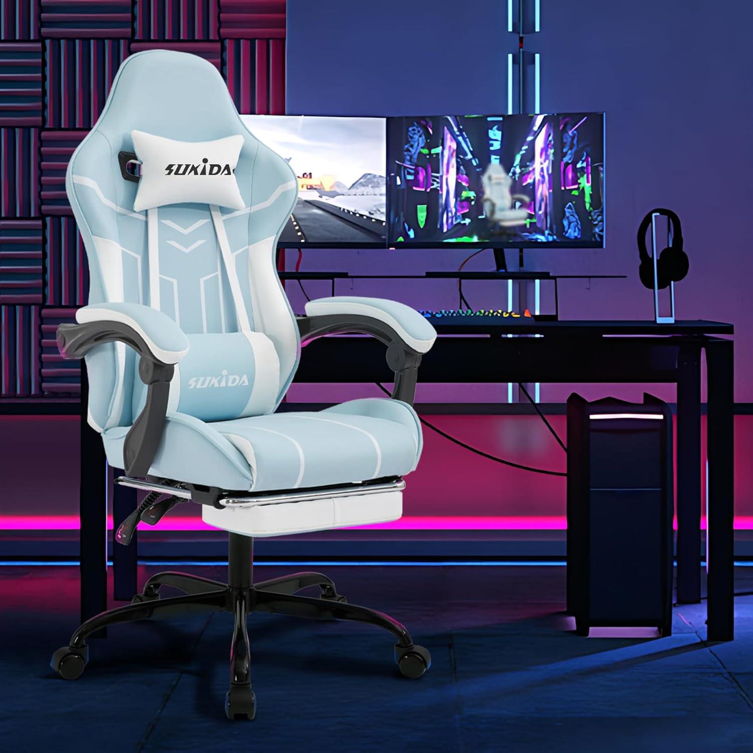 Ergonomischer Gaming Stuhl mit Fußstütze Bürostuhl BlueWhite