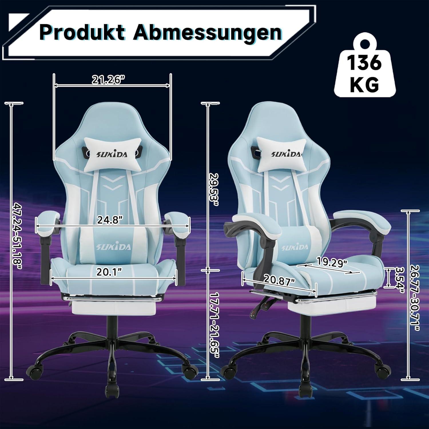 Ergonomischer Gaming Stuhl mit Fußstütze Bluewhite