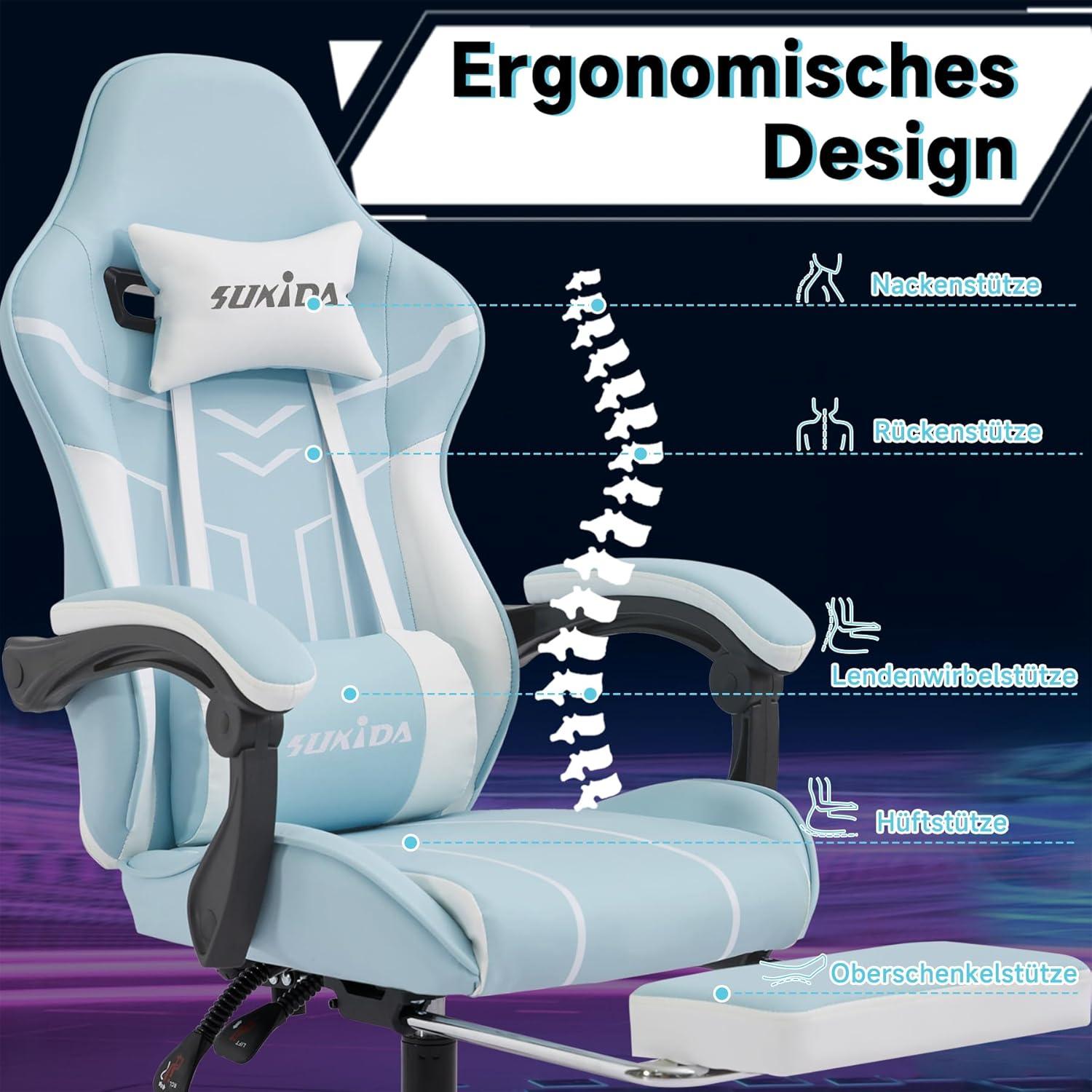 Gaming Stuhl mit Fußstütze und Lendenwirbelstütze Bluewhite