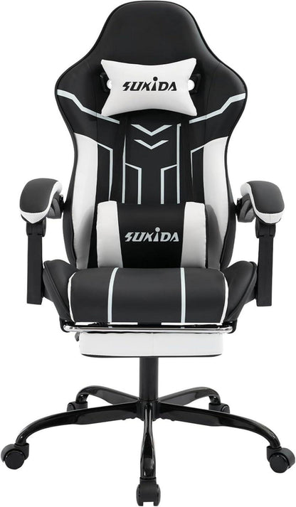 Ergonomischer Gaming Stuhl mit Fußstütze und Lendenwirbelstütze