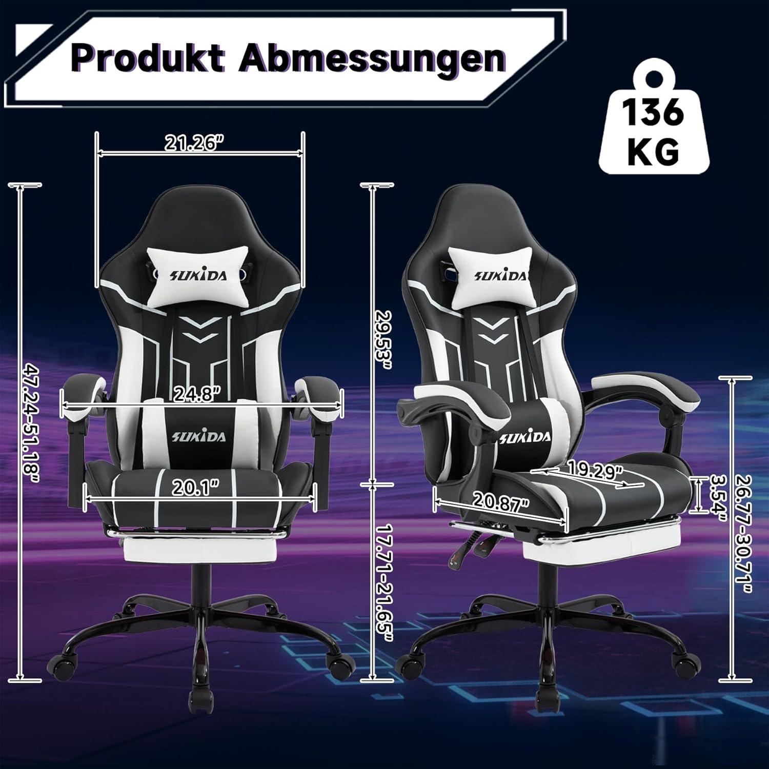 Ergonomischer Gaming Stuhl mit Fußstütze und Lendenwirbelstütze