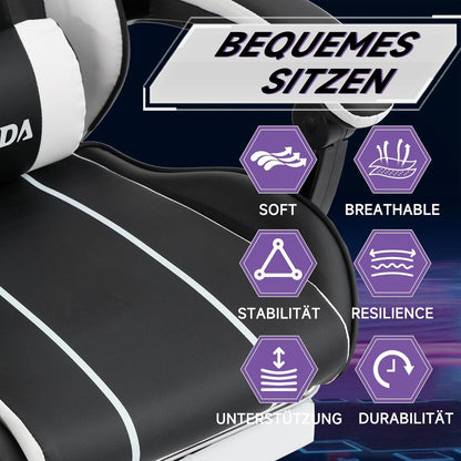 Ergonomischer Gaming Stuhl mit Fußstütze Lendenwirbelstütze Blackwhite