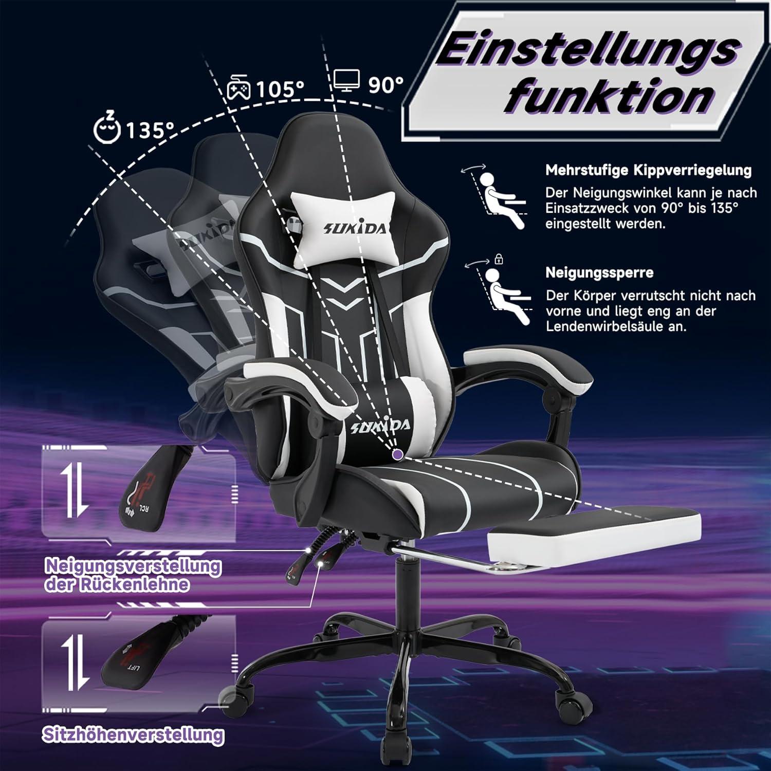 Ergonomischer Gaming Stuhl mit Fußstütze und Lendenwirbelstütze