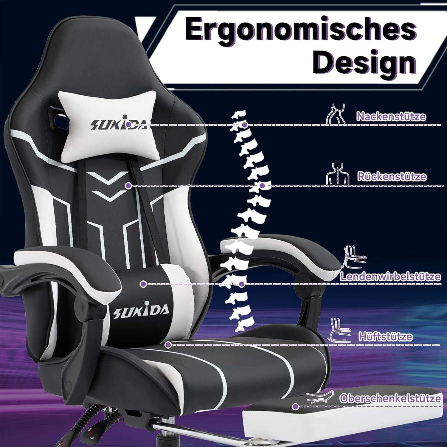 Gaming Stuhl Computerstuhl mit Fußstütze Lendenwirbelstütze