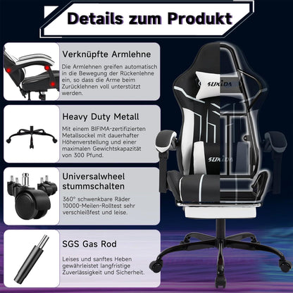 Ergonomischer Gaming Stuhl mit Fußstütze und Lendenwirbelstütze