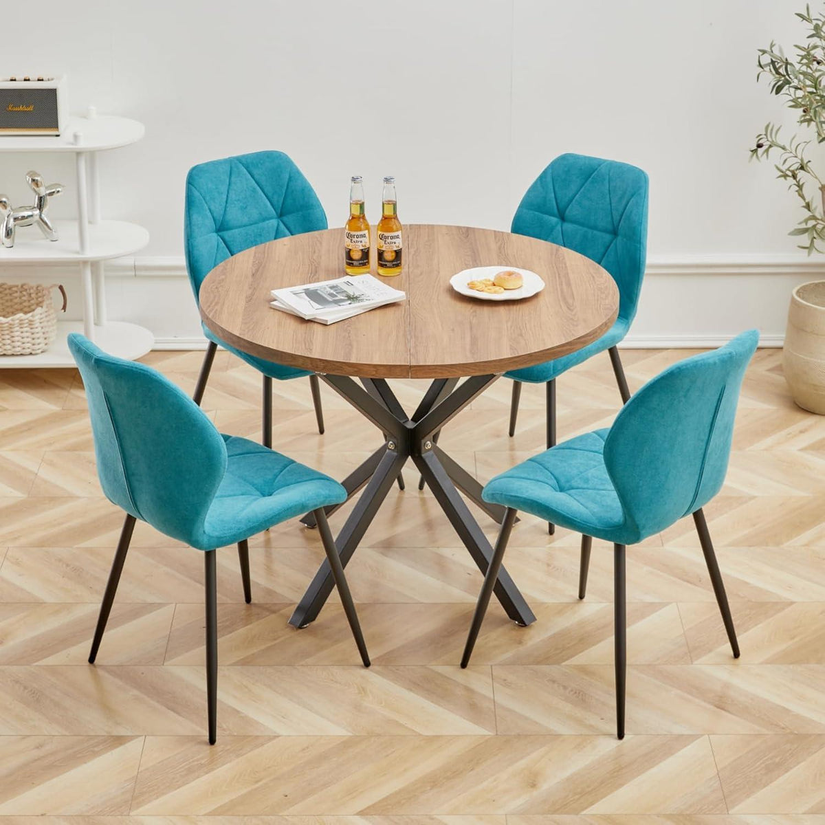 8 Esszimmerstühle Leinenstoff, gepolstert, blau