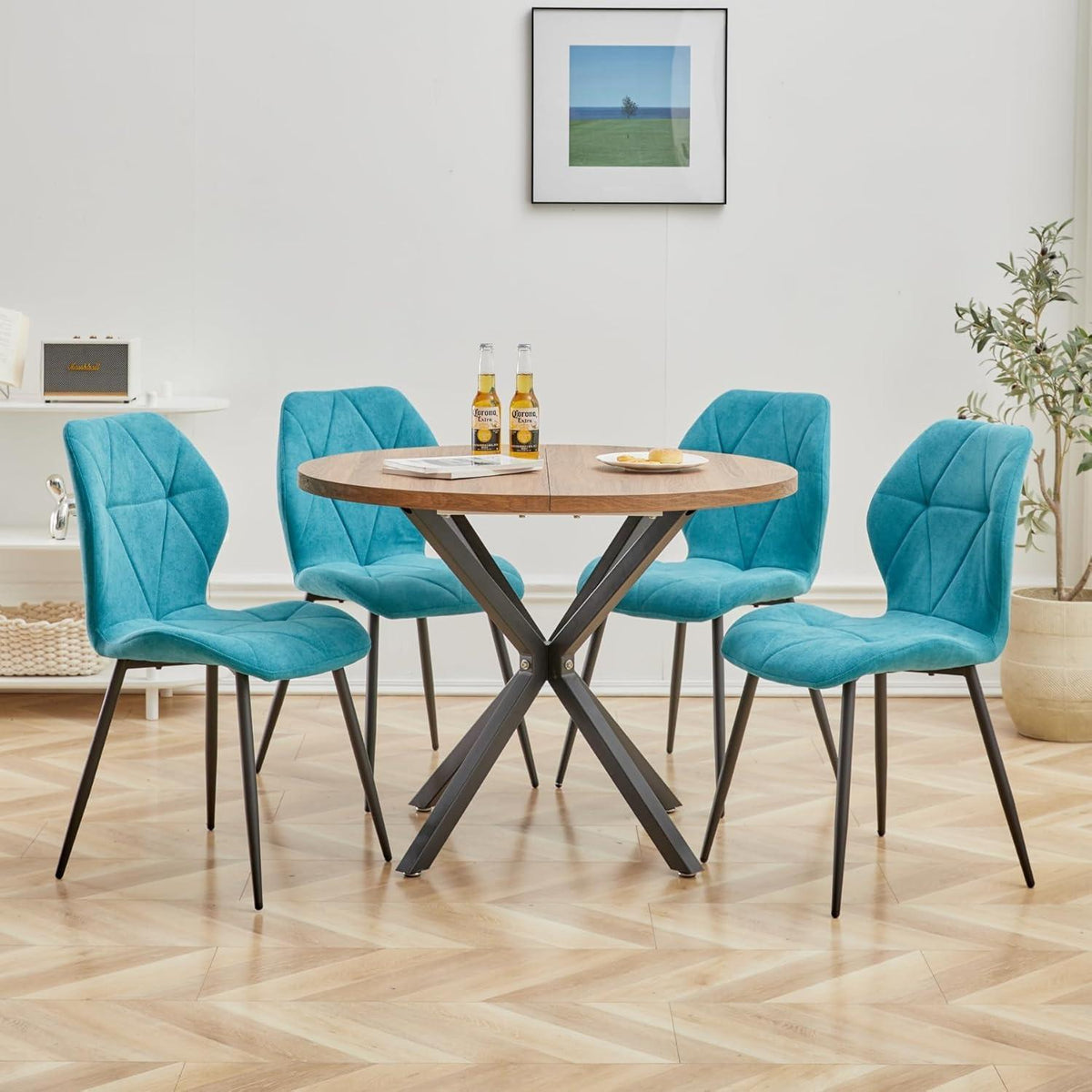 8 Esszimmerstühle Leinenstoff, gepolstert, blau