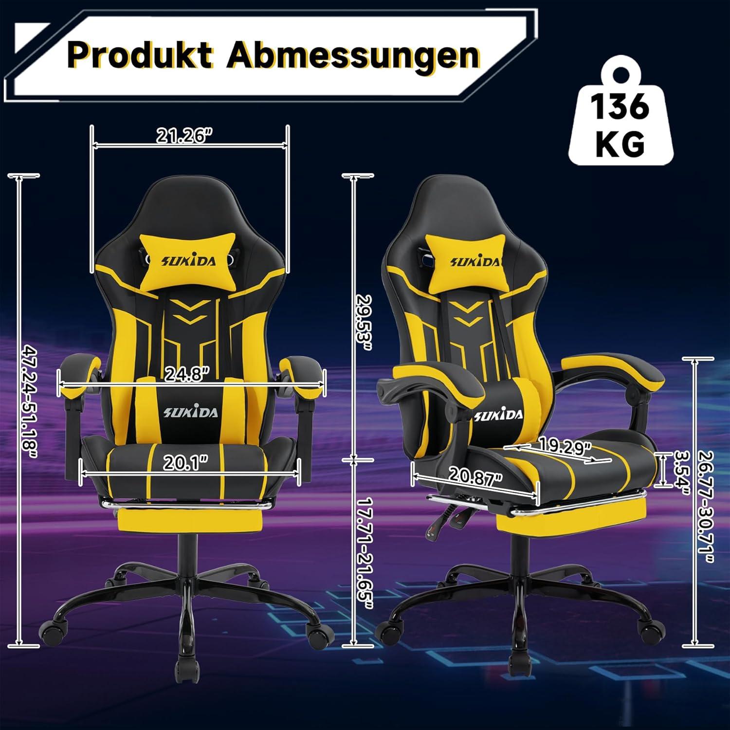 Ergonomischer Gaming Stuhl mit Fußstütze und Lendenwirbelstütze