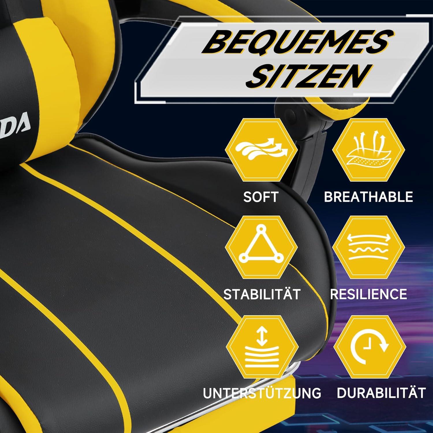 Ergonomischer Gaming Stuhl mit Fußstütze und Lendenwirbelstütze