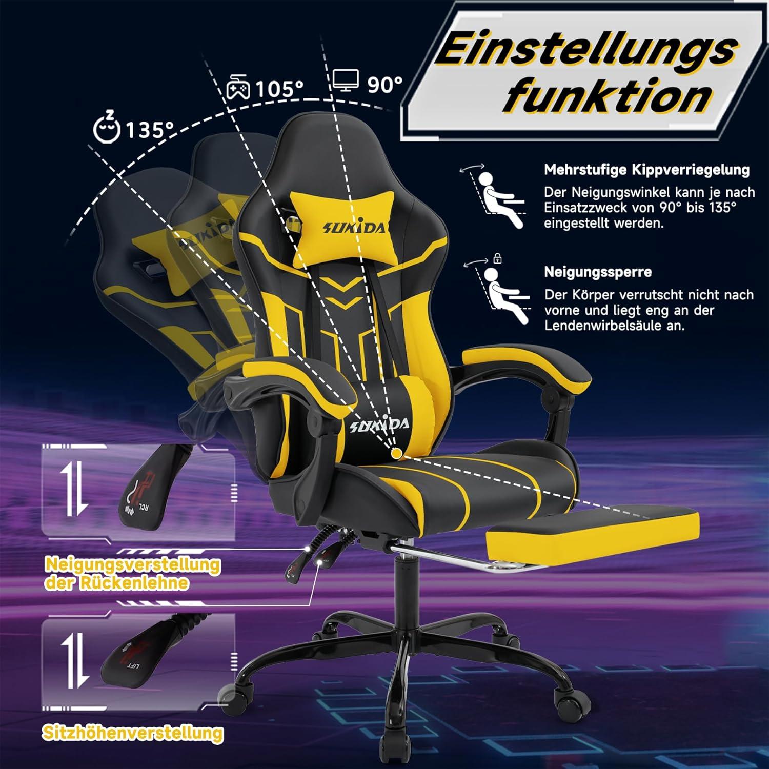 Ergonomischer Gaming Stuhl mit Fußstütze und Lendenwirbelstütze, Schwarz-Gelb