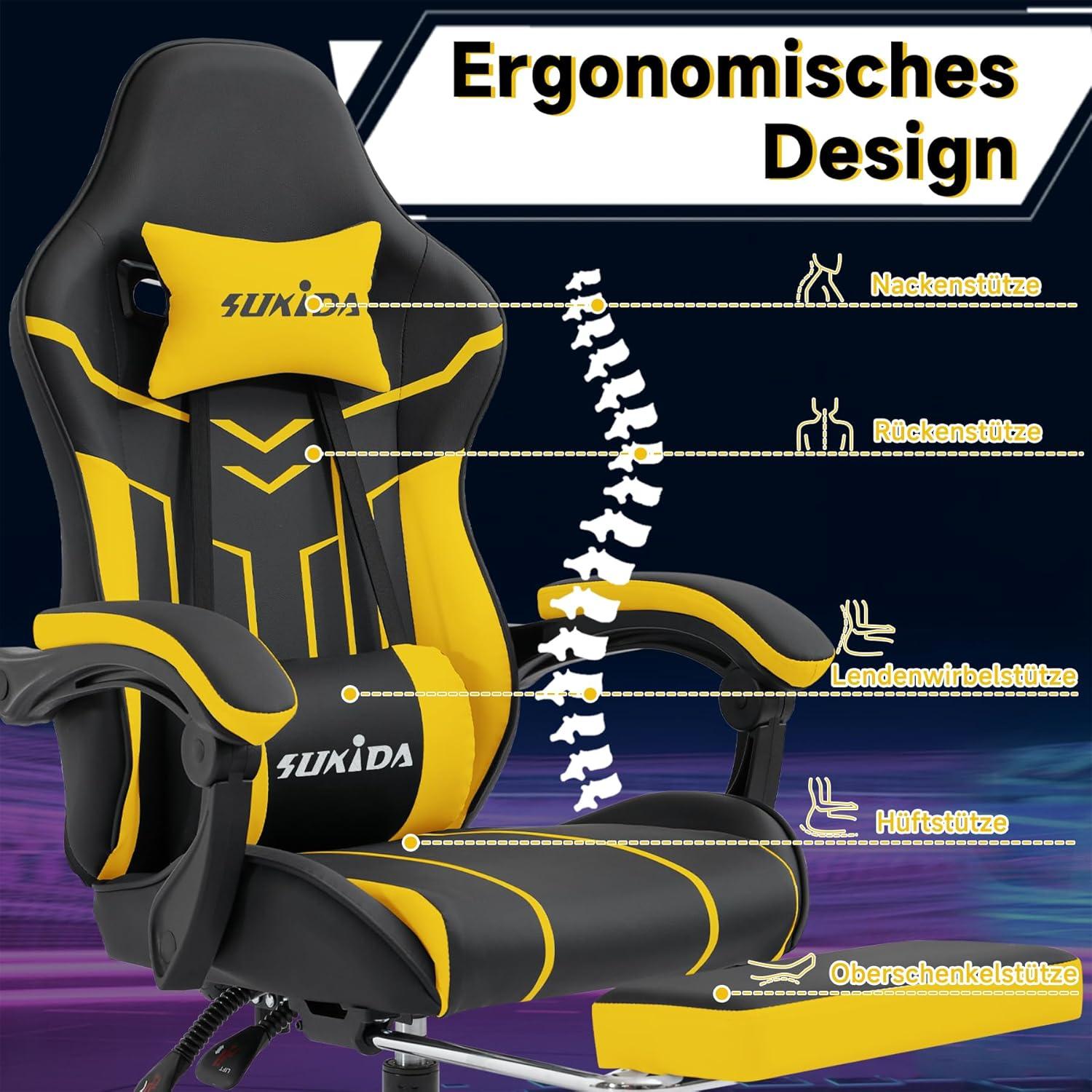 Ergonomischer Gaming Stuhl mit Fußstütze und Lendenwirbelstütze