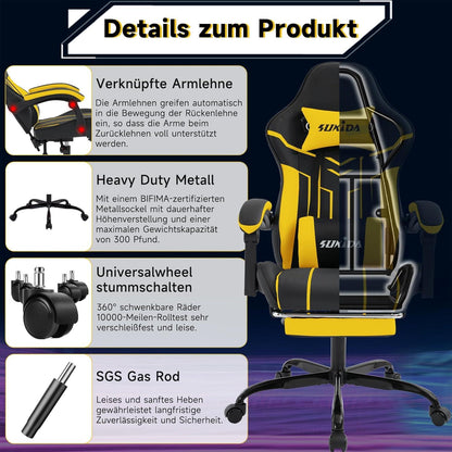 Ergonomischer Gaming Stuhl mit Fußstütze und Lendenwirbelstütze, Schwarz-Gelb