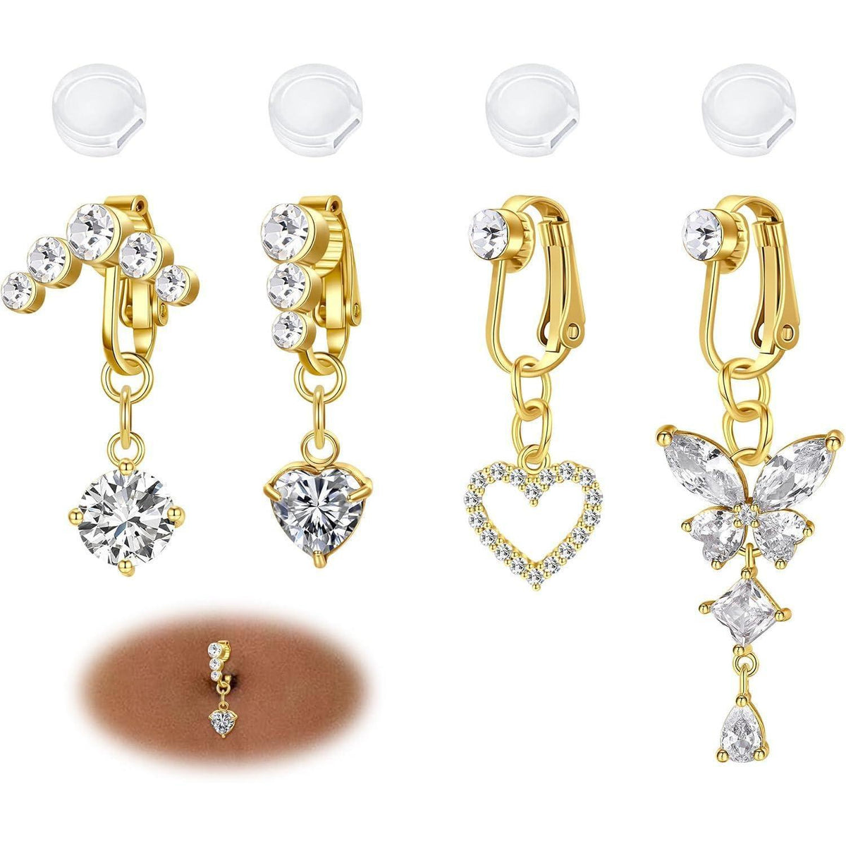 Fake Bauchnabelpiercing 4er Set Clip-On Chirurgenstahl Herz Schmetterling Gold