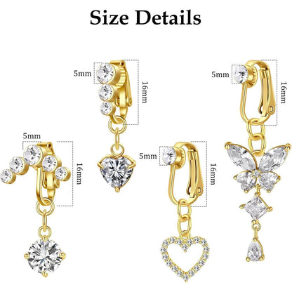 Fake Bauchnabelpiercing 4er Set Clip-On Chirurgenstahl Herz Schmetterling Gold