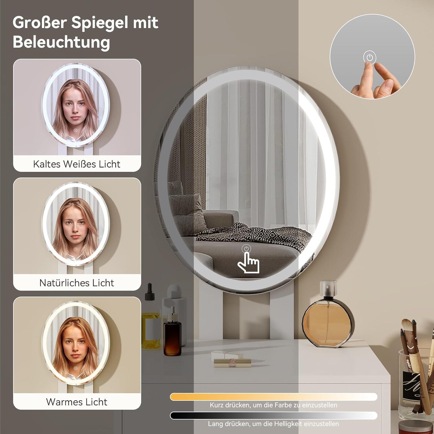 Schminktisch LED-Beleuchtung Spiegel 3 Farben, Schrank 3 Schubladen