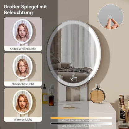 Schminktisch LED-Beleuchtung Spiegel 3 Farben, Schrank 3 Schubladen