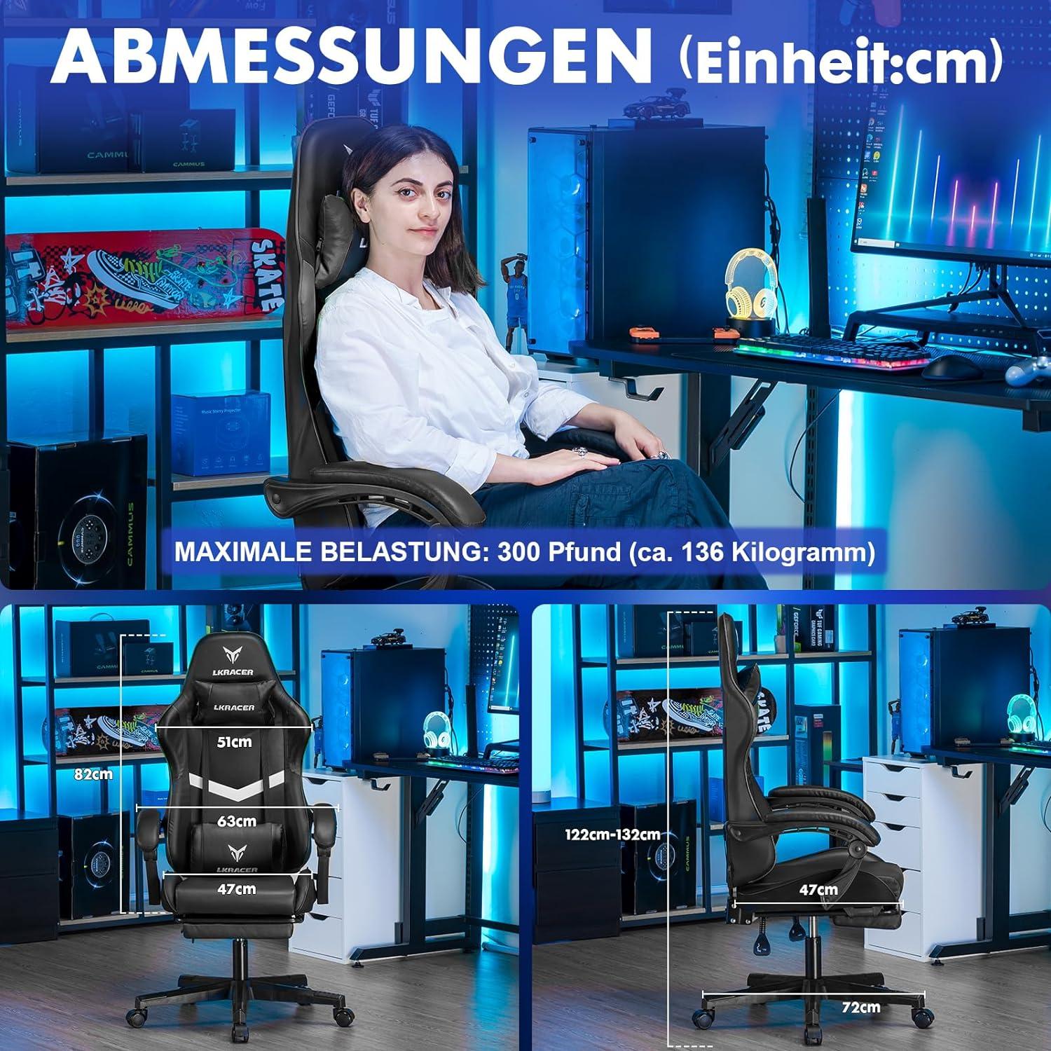 Ergonomischer Gaming Stuhl mit Fußstütze und Lendenkissen