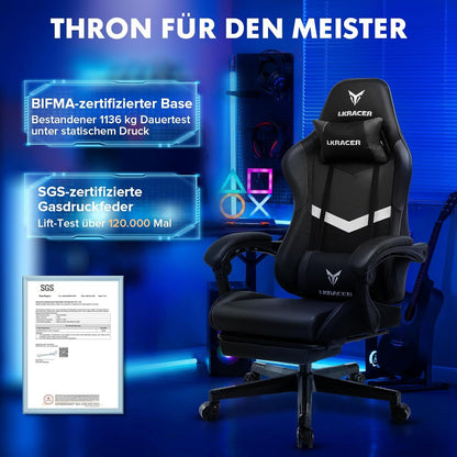 Gaming Stuhl mit Fußstütze Schwarz, Ergonomisch, Höhenverstellbar, 150 kg Belastbarkeit