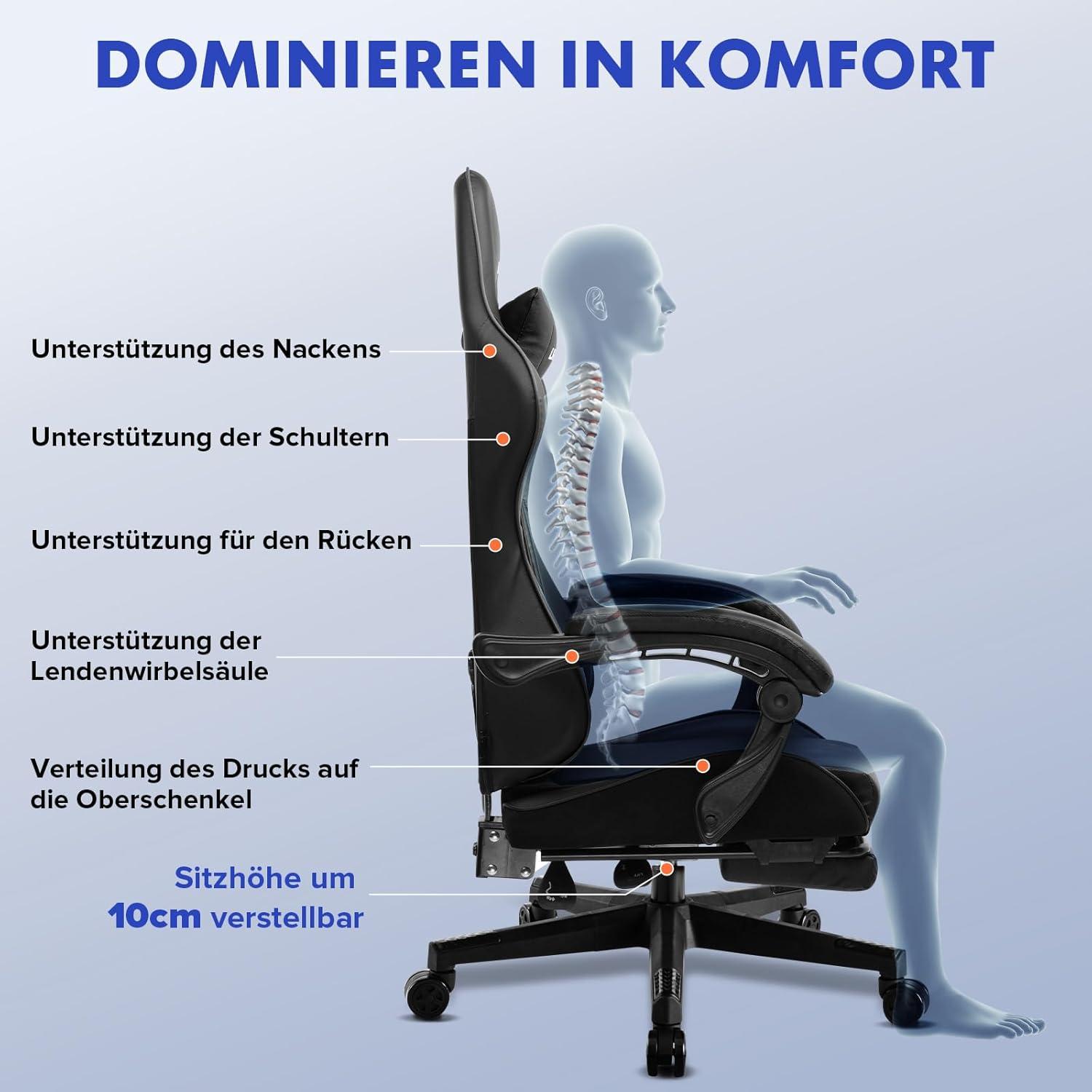 Gaming Stuhl mit Fußstütze Bürostuhl Ergonomisch verstellbar Lendenkissen